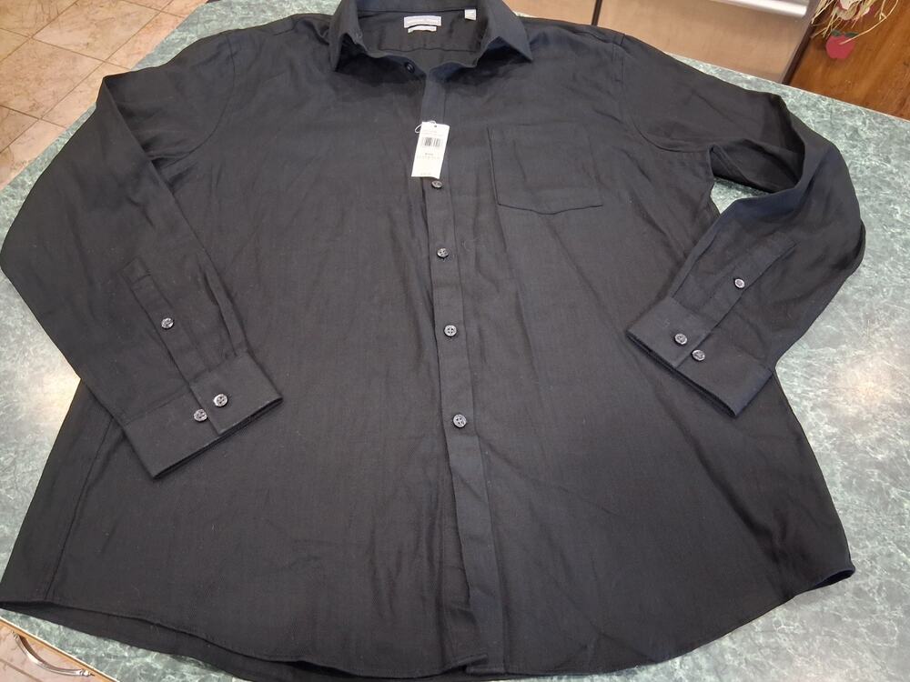 Michael Kors 100% Cotton Button Down Dress Shirt Black Herringbone Regular Fit